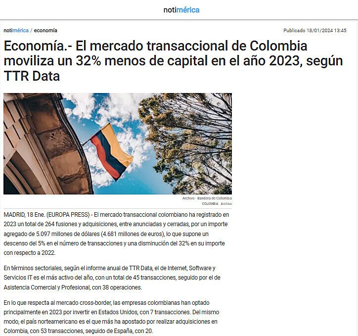 Economa.- El mercado transaccional de Colombia moviliza un 32% menos de capital en el ao 2023, segn TTR Data